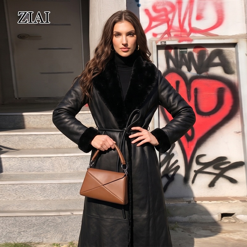 Women's Long Black Leather Coat with Fur Trim |Faux Shearling Trench Jacket, Winter Warm Belted Overcoat for Streetwear &amp; Casual