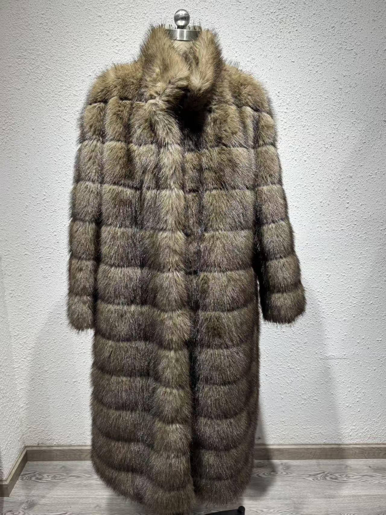 Women's Long Faux Fur Coat, Luxury Stand Collar Faux Fox Fur Maxi Coat, Winter Warm Full Length Plush Outerwear