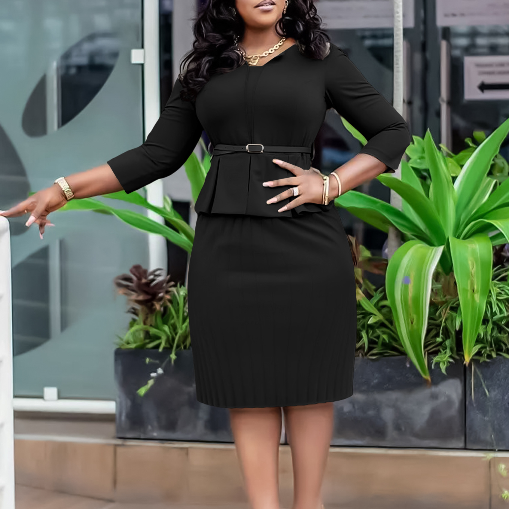 PASUXI Latest Design Winter Career Dresses V-neck High Waist Straight Plus Size Midi Women Office Dress