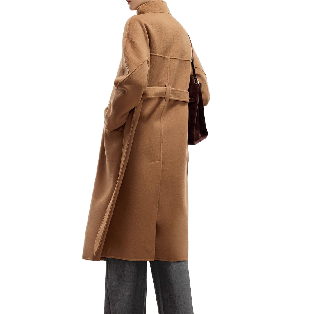 Elegant Camel Longline Women's Overcoat Custom Wool Cashmere Blend Single Button Closure Linen Autumn Winter Wear Belted Detail