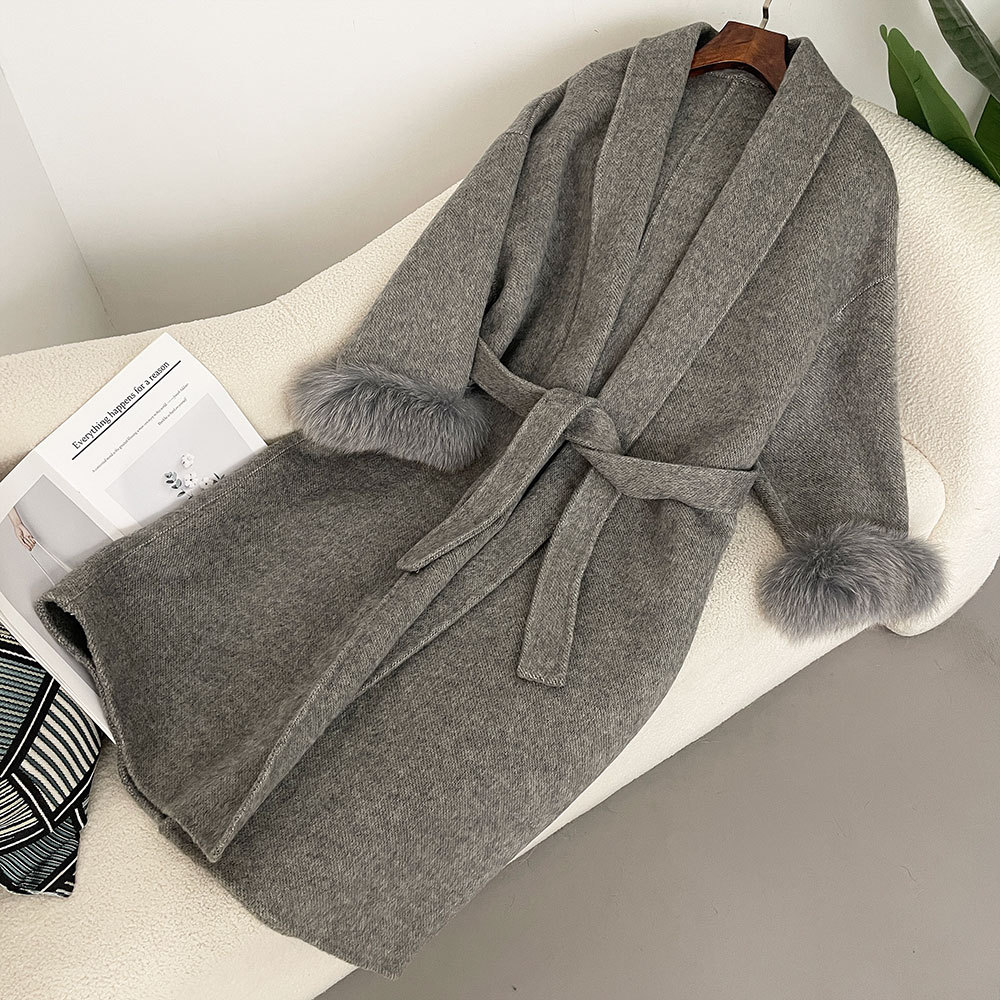 2025 Luxury Women's Double-Faced Woolen Coat Elegant Belted Robe Long Fox Fur Sleeves Casual Cashmere Overcoat for Autumn Winter
