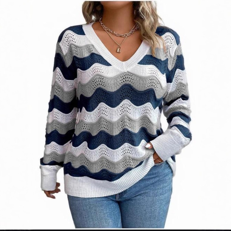 Factory Made Womens V Neck Hollow Knit Sweater Thin Polyester Casual Loose Plus Size Autumn Winter Style