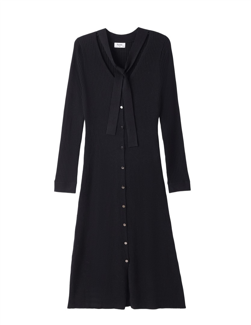 Custom Women Winter Clothes 2026 Spring Plus Size Viscose Rib Knit Dress Tie Neck Button Front Midi Length Chic Elegant Style