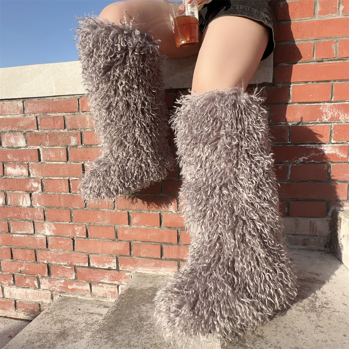 Women's Winter Mongolian Faux Fur Snow Boots Knee-High Fluffy Warm Low Heel Pull-On EVA Midsole Plush Lining Toe Fashion Trend