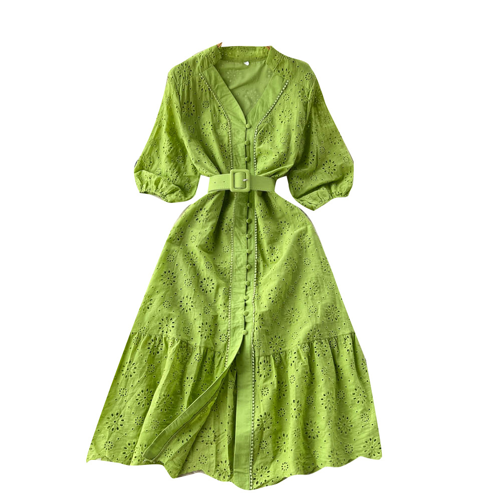 Premium V-neck Hollow Women's Bubble Sleeve New Loose Embroidered Lightly Mature Tight Waist Slimming Flounce Long Casual Dress
