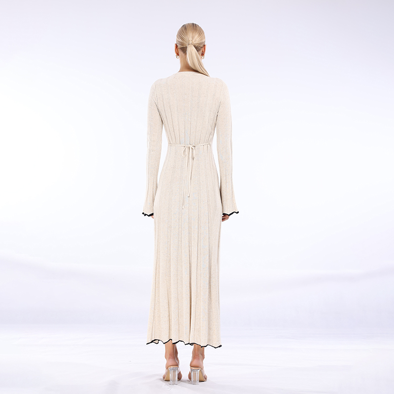 Winter Casual Woolen Round Neck Long Sleeved Ribbed Elegant Women's Dress Maxi Dress