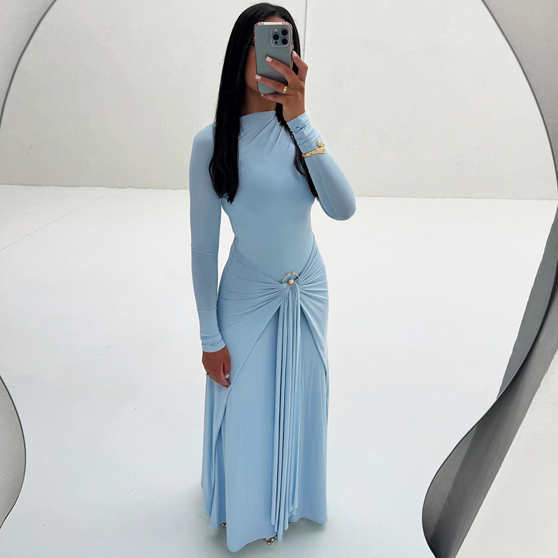 Winter Autumn Pure Color Elegant Long Sleeve Decorative Buckle Strap Casual Culb Party Bodycon Dresses Long Dress Wome
