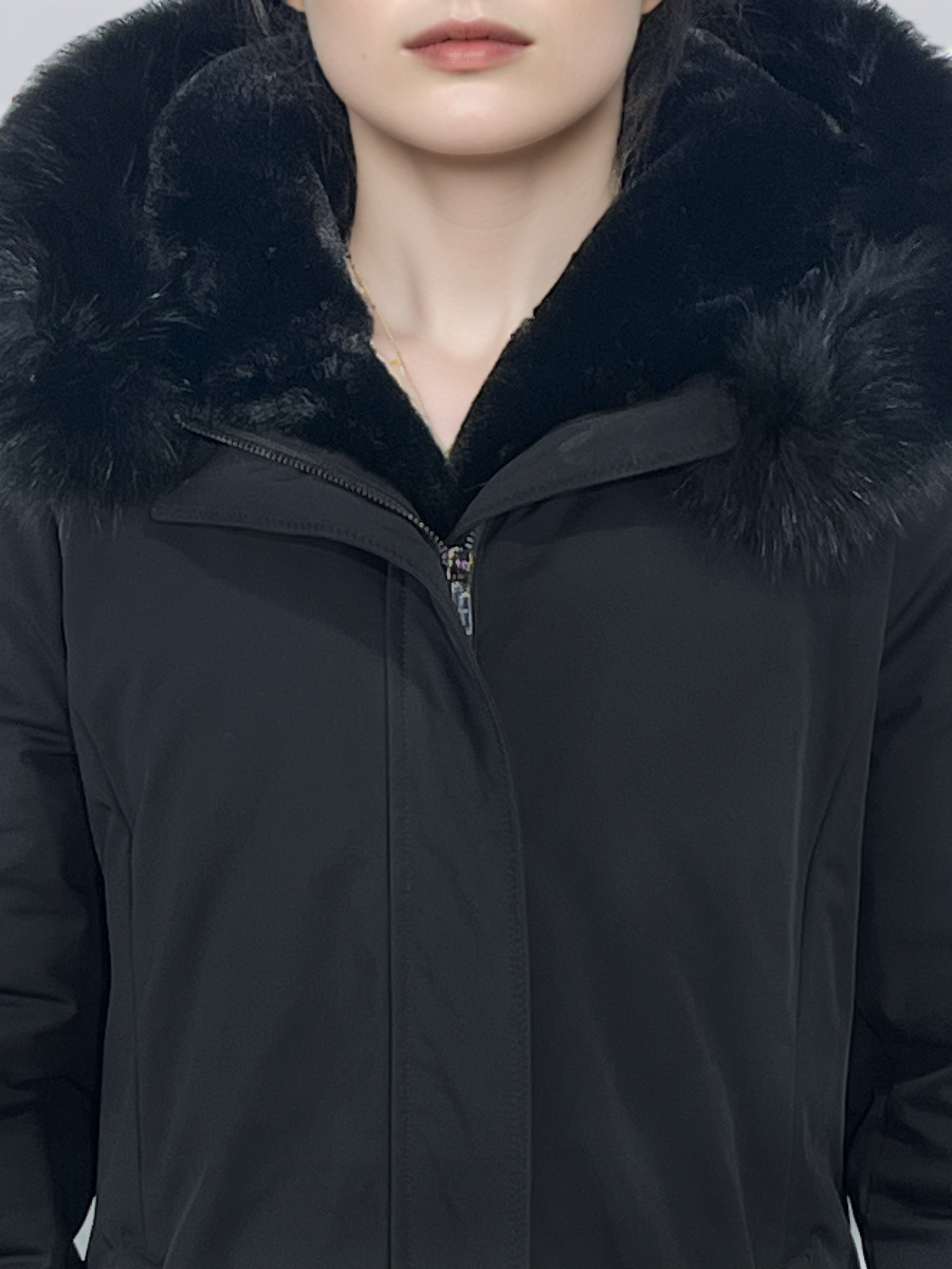 Black Long Winter Coats for Women Down Parka with Real Fur Lining Zip Down Parka Outerwear Jacket