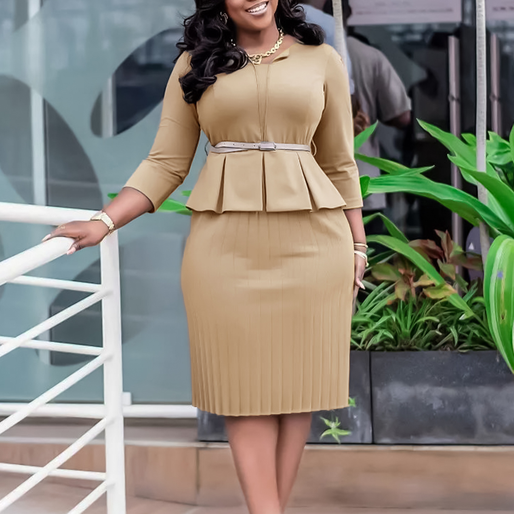 PASUXI Latest Design Winter Career Dresses V-neck High Waist Straight Plus Size Midi Women Office Dress