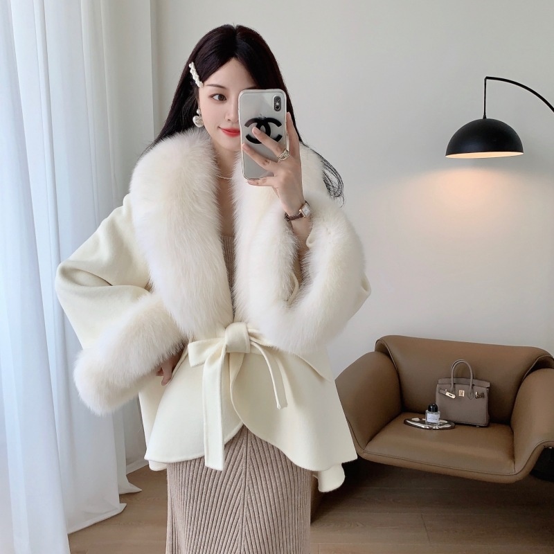 2024 Autumn Winter Collection Elegant Long Women's Overcoat Double-Sided Fox Fur Collar High-End Wool Cashmere Belt Elegant Cape