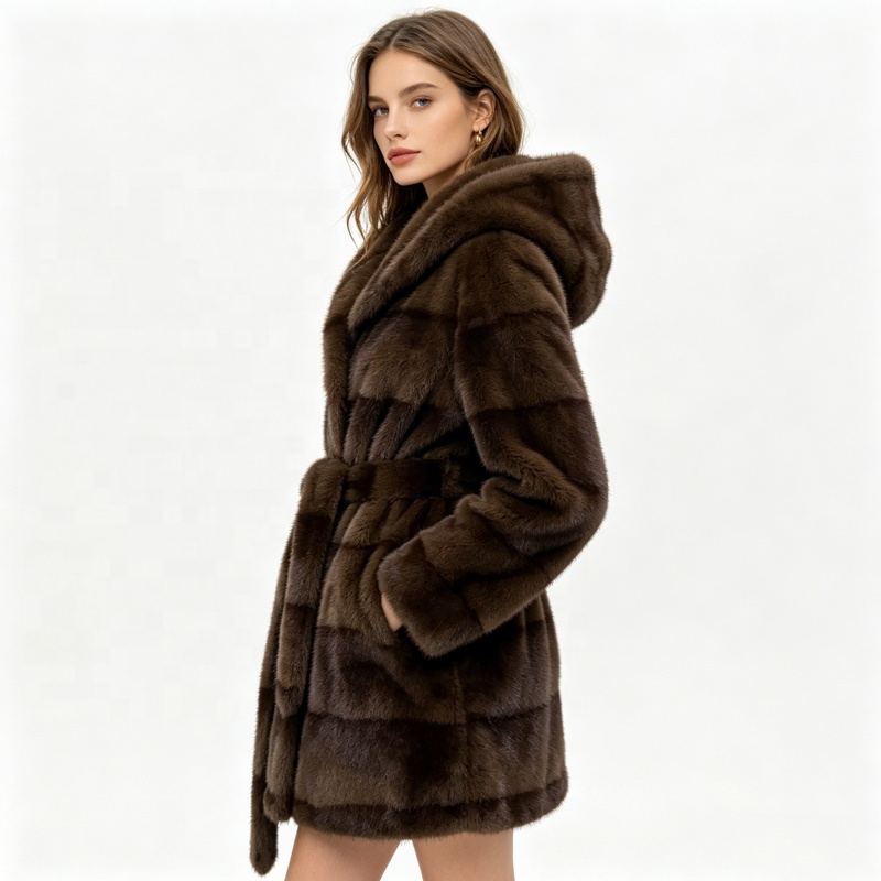 Zeyu Winter Ladies Hooded Faux Fur Mid-Length Woven Elegant Coat With Thick Fluffy Waist Belt ODM