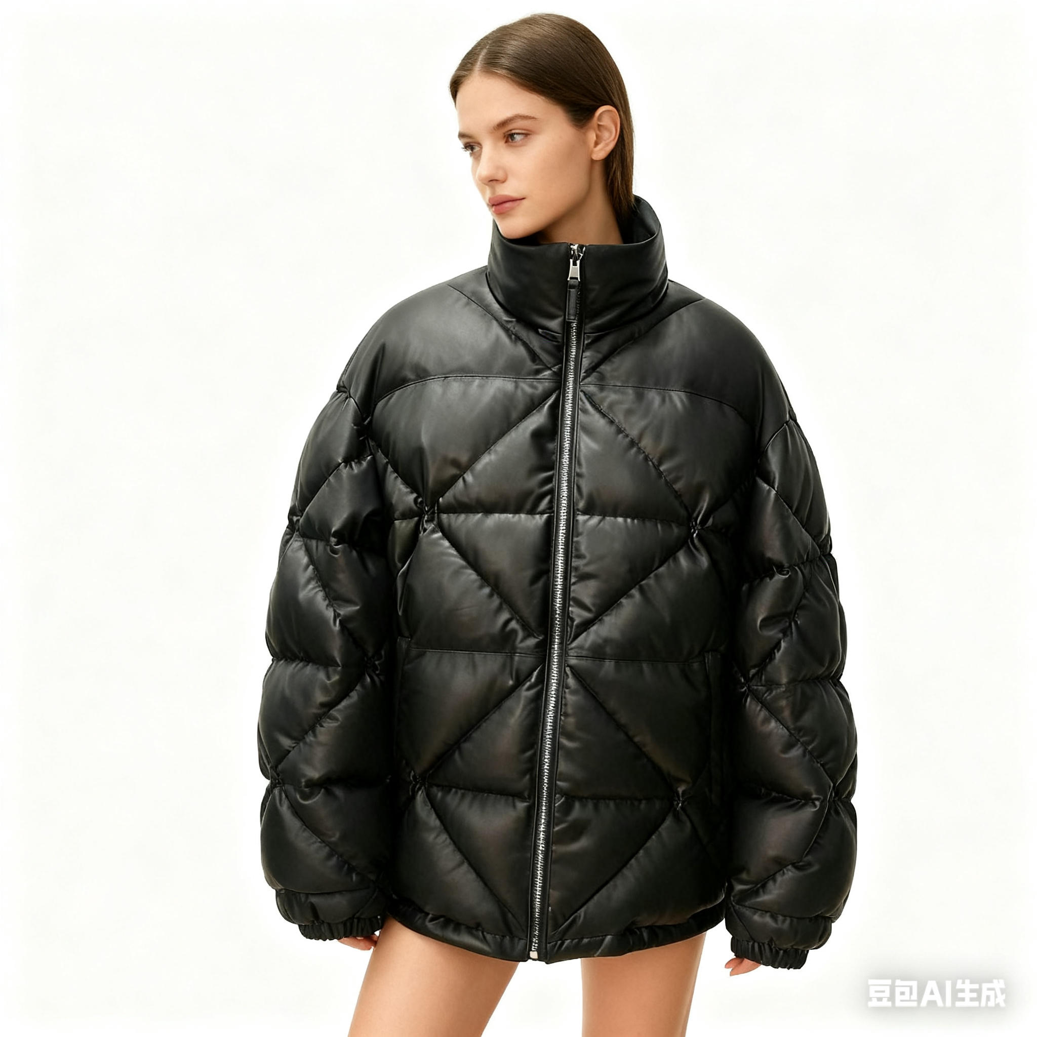 Women's Mid-Length Leather Down Jacket - Thick Diamond Quilted Puffer Coat, Warm Winter Outerwear