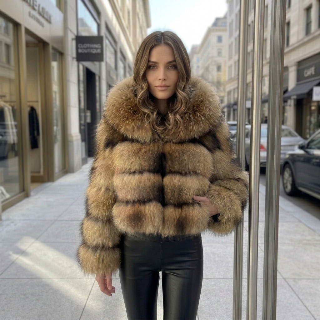 Luxurious Lady's Raccoon Fur Coat With a Thick Hood and Long Sleeves Real Fur Jacket Women's High-quality Fur Clothing