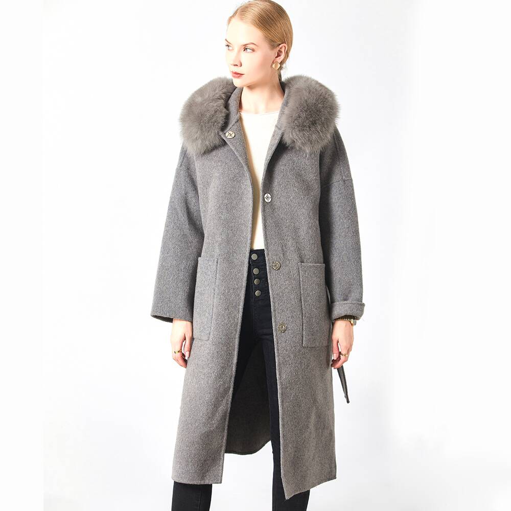 Lambskin Coat Ladies Fashion Fox Fur Collar Sheep Fur Overcoat Jacket Winter Long Pure Wool Luxury Cashmere Coat for Women