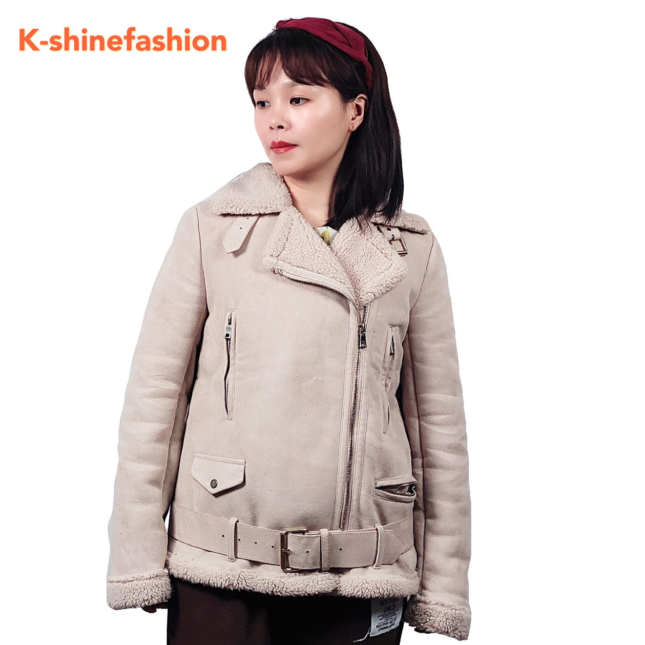 Women's Thick Casual Shearling Sheepskin Fur Coat Faux Fur Winter Jacket with Zipper Closure Woven Fabric