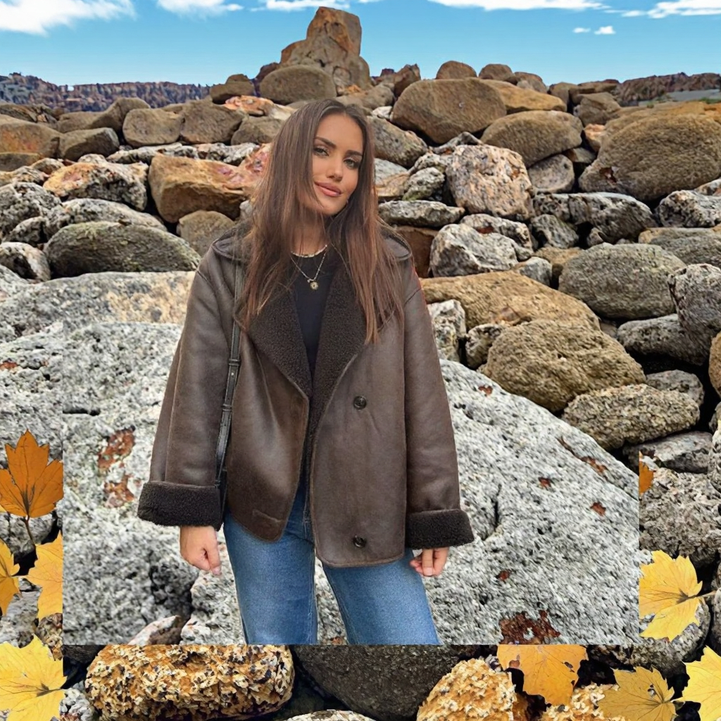 Women's Winter Brown Faux Shearling Sheepskin Bomber Jacket Suede Lamb Outwear Fur Trim Collar Printed Knitted Solid Pattern