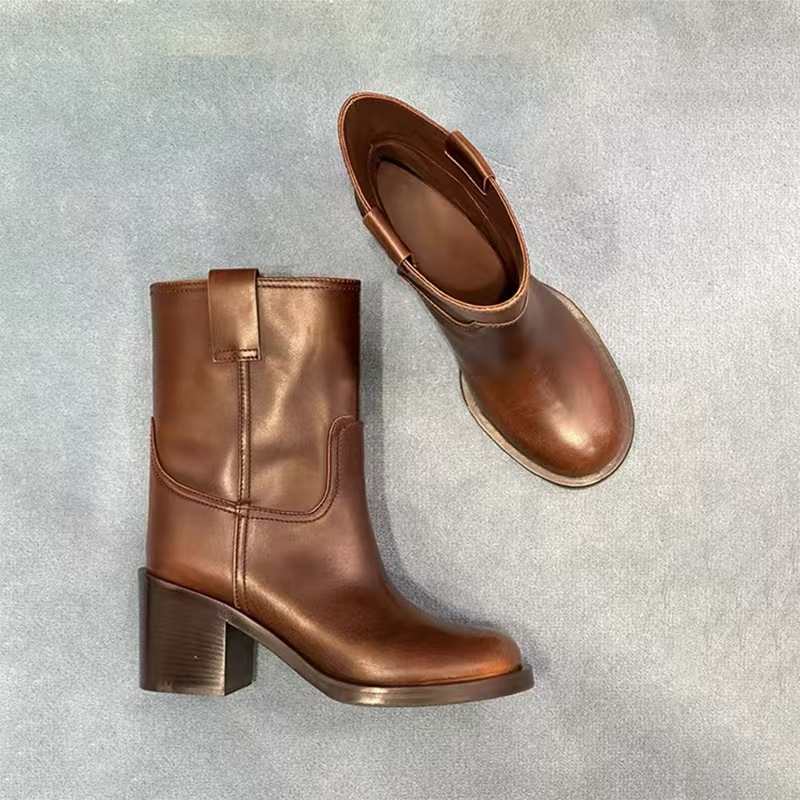 Manufacturer Winter Cowboy Wide Shaft Ladies Heel Boots Fashion Round Toe Vegan Leather Block Heel Women Mid Calf Western Boot