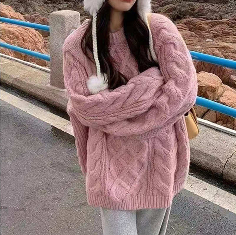 New Office Lady Style Thickened Knitted Pullover Sweater for Women Loose Crew Neck Sweater for Spring and Winter