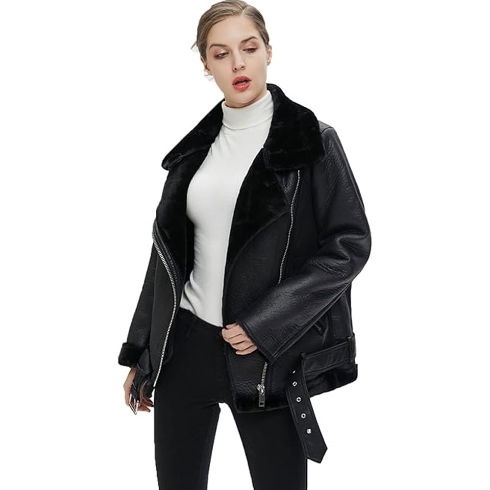 Women's Faux Shearling Moto Jacket Thick Lined Winter Parka Coat Warm Cotton Lining Knitted Breathable Stylish Leather Look