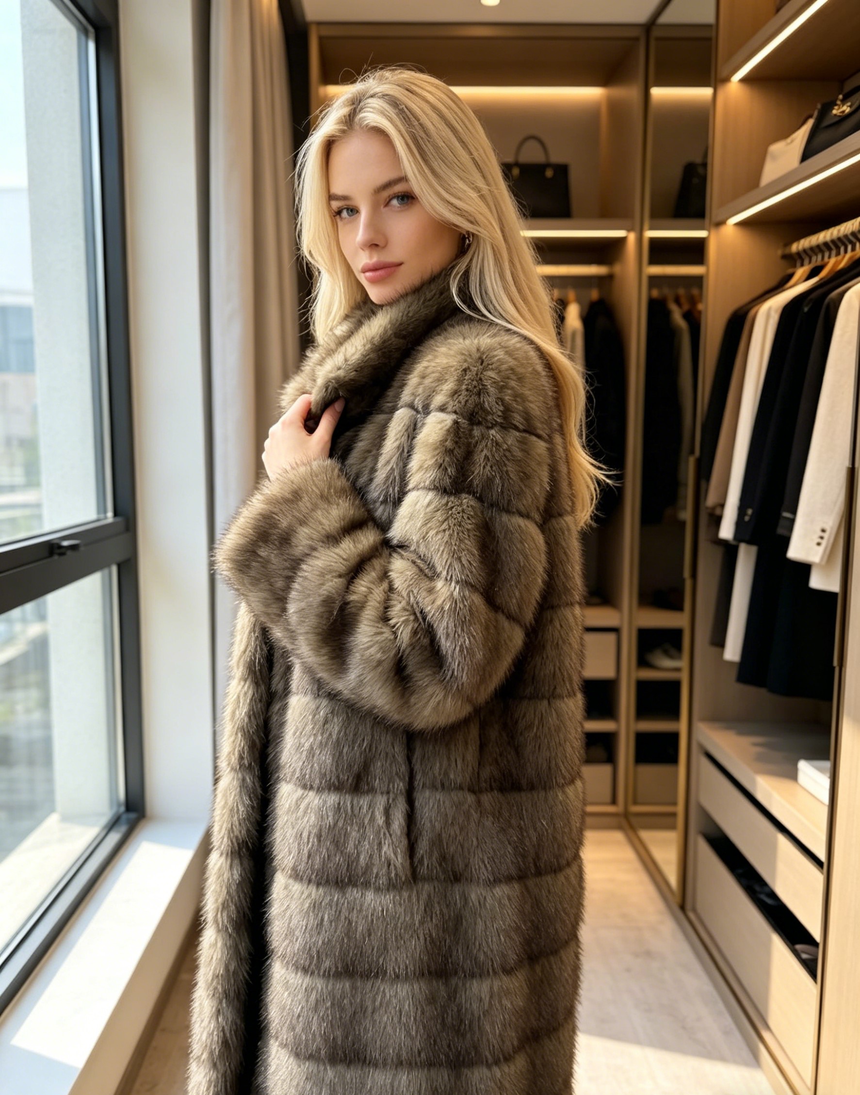 Women's Long Faux Fur Coat, Luxury Stand Collar Faux Fox Fur Maxi Coat, Winter Warm Full Length Plush Outerwear