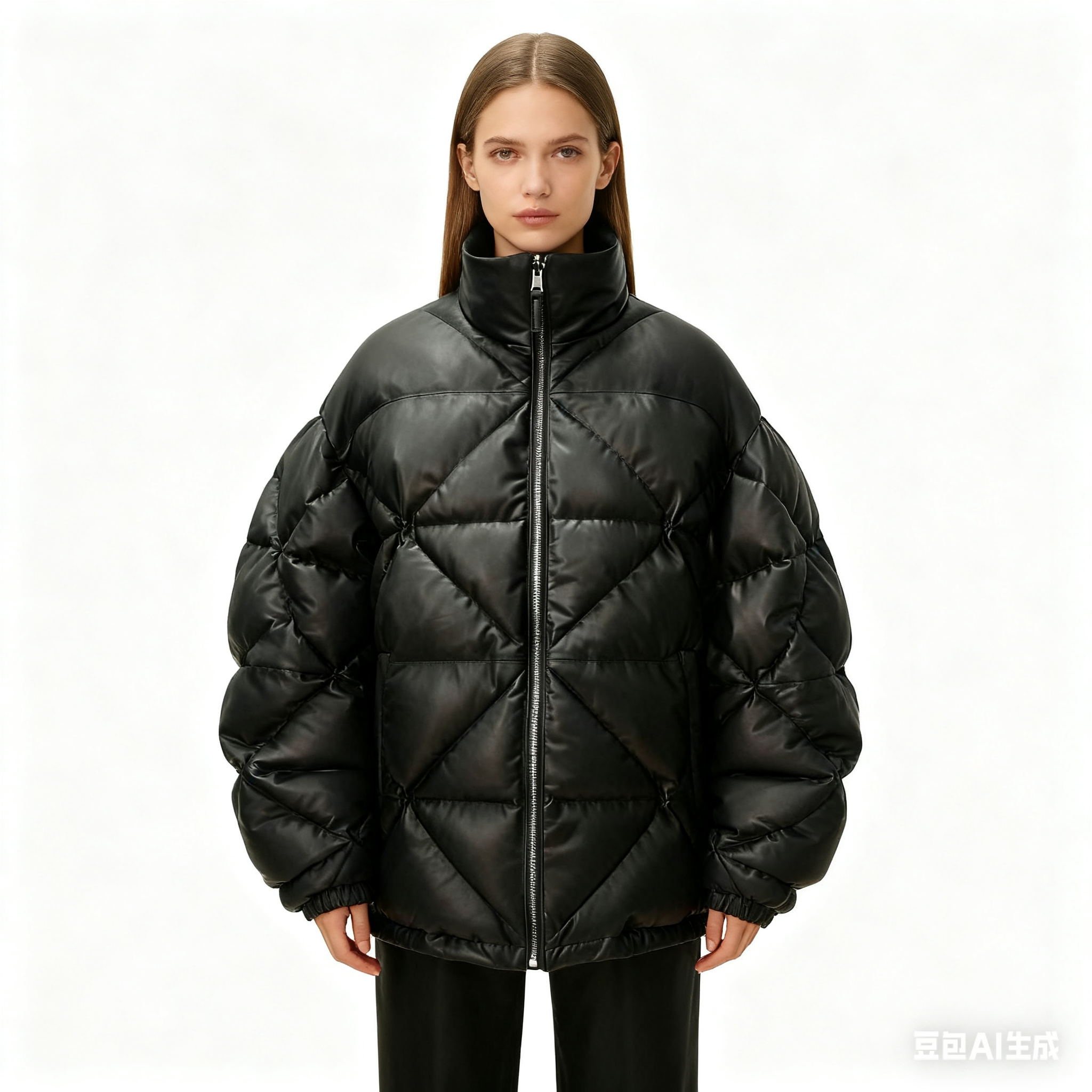 Women's Mid-Length Leather Down Jacket - Thick Diamond Quilted Puffer Coat, Warm Winter Outerwear