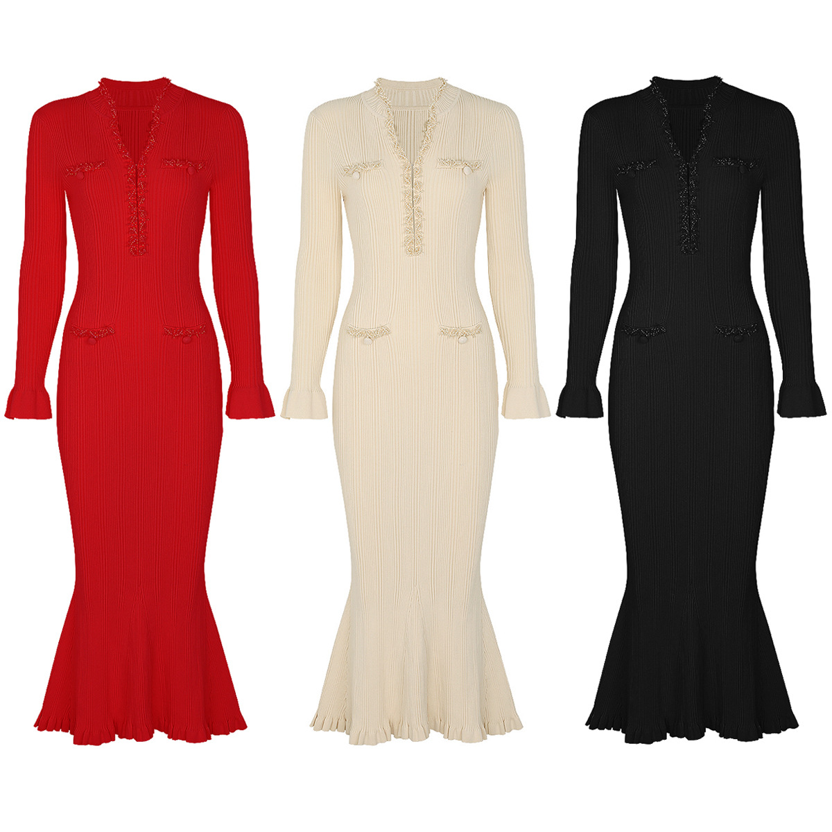 Women's Autumn Winter New Fashion Viscose Straight Simple Solid Knitted V-neck Slim Fit Handmade Beaded Long-sleeved Midi Dress