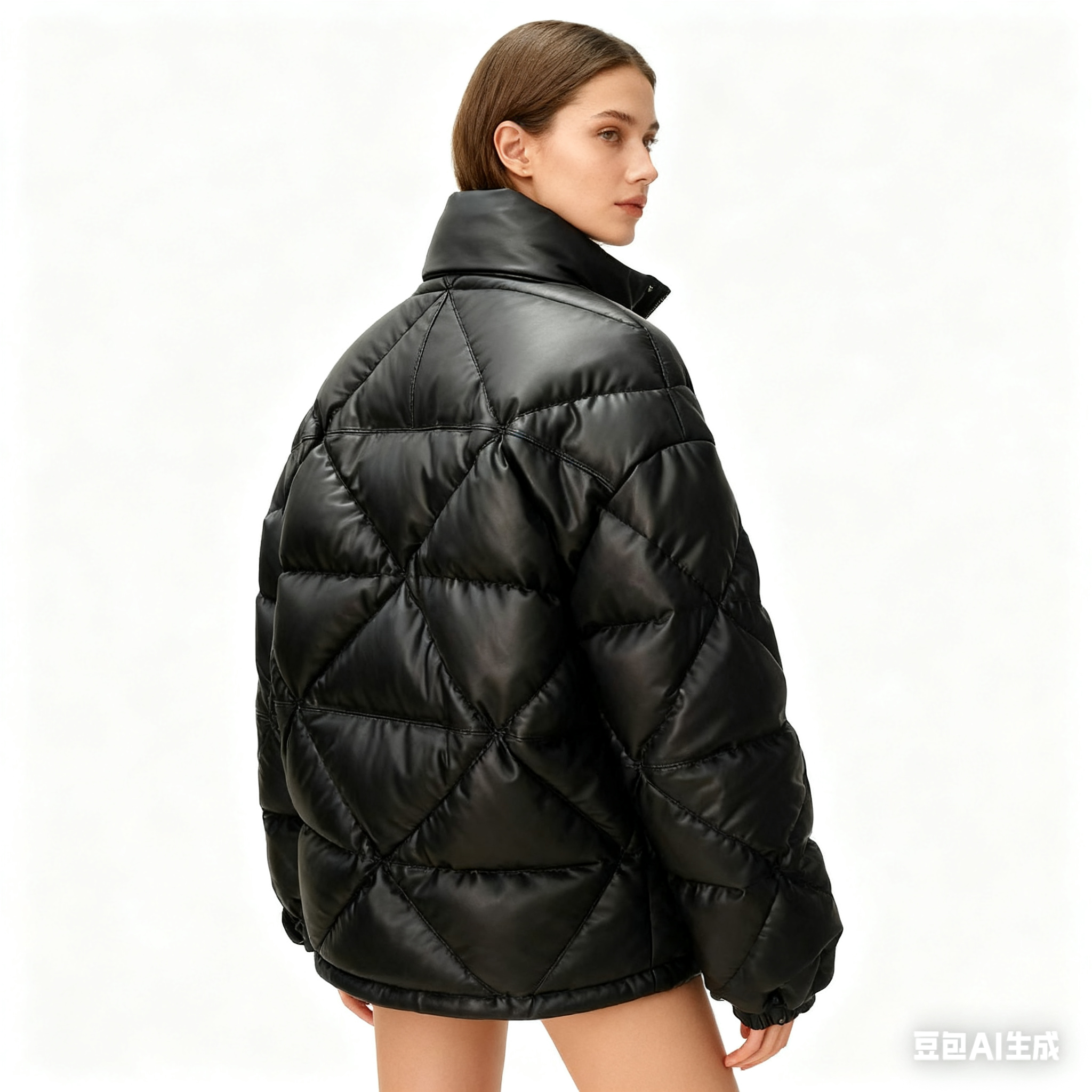 Women's Mid-Length Leather Down Jacket - Thick Diamond Quilted Puffer Coat, Warm Winter Outerwear