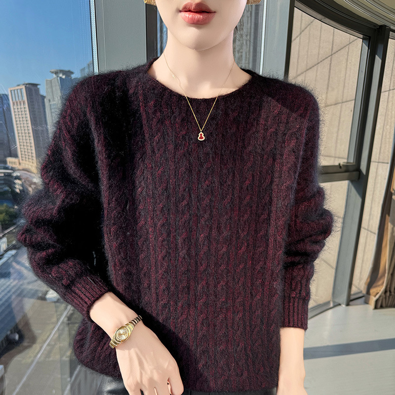 Autumn Winter New Women's Loose-Fitting Round-Neck Cable-Knit Thick Short Solid Color Wool &amp; Mink Velvet Korean Sweater Pullover