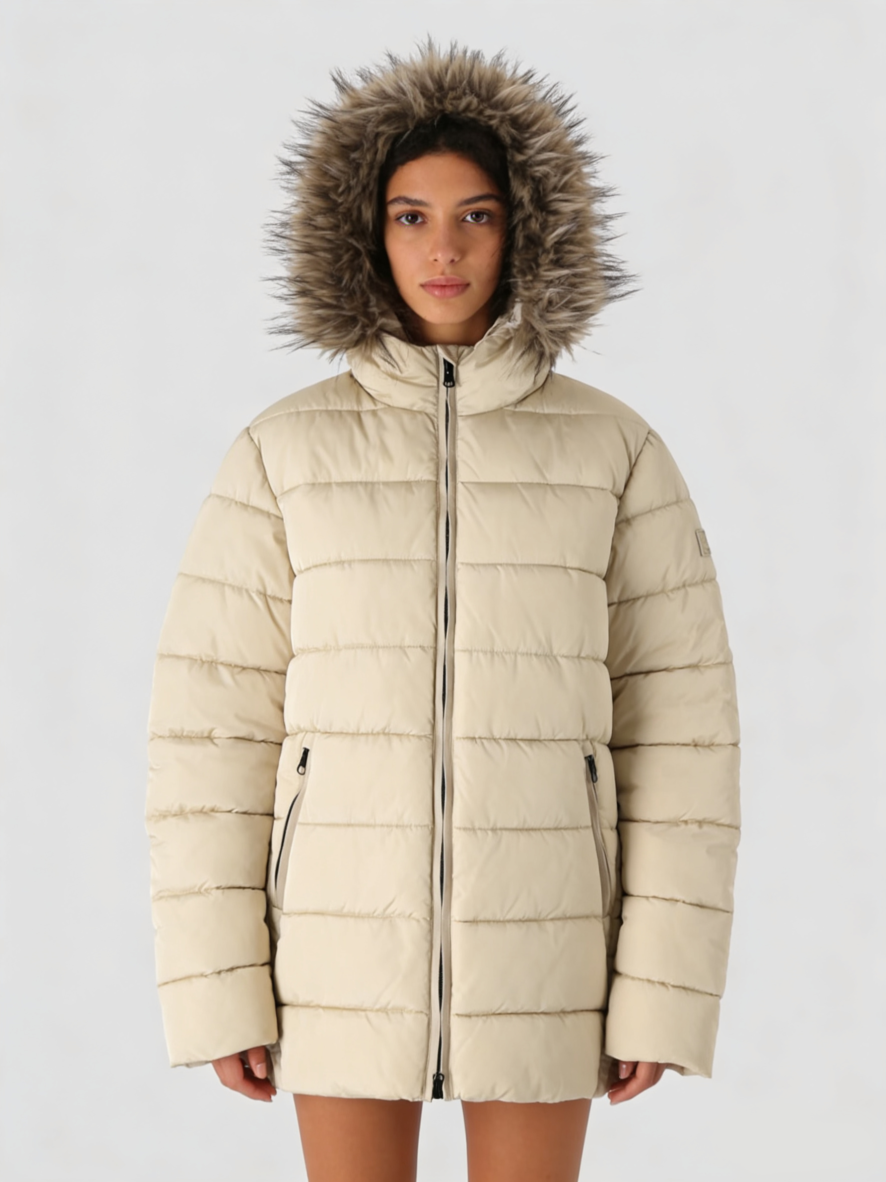 Light Beige Hooded Classic Women's Polyester Trench Parka with Detachable Faux Fur Collar Winter