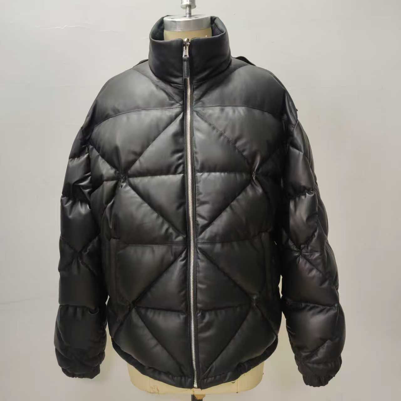 Women's Mid-Length Leather Down Jacket - Thick Diamond Quilted Puffer Coat, Warm Winter Outerwear