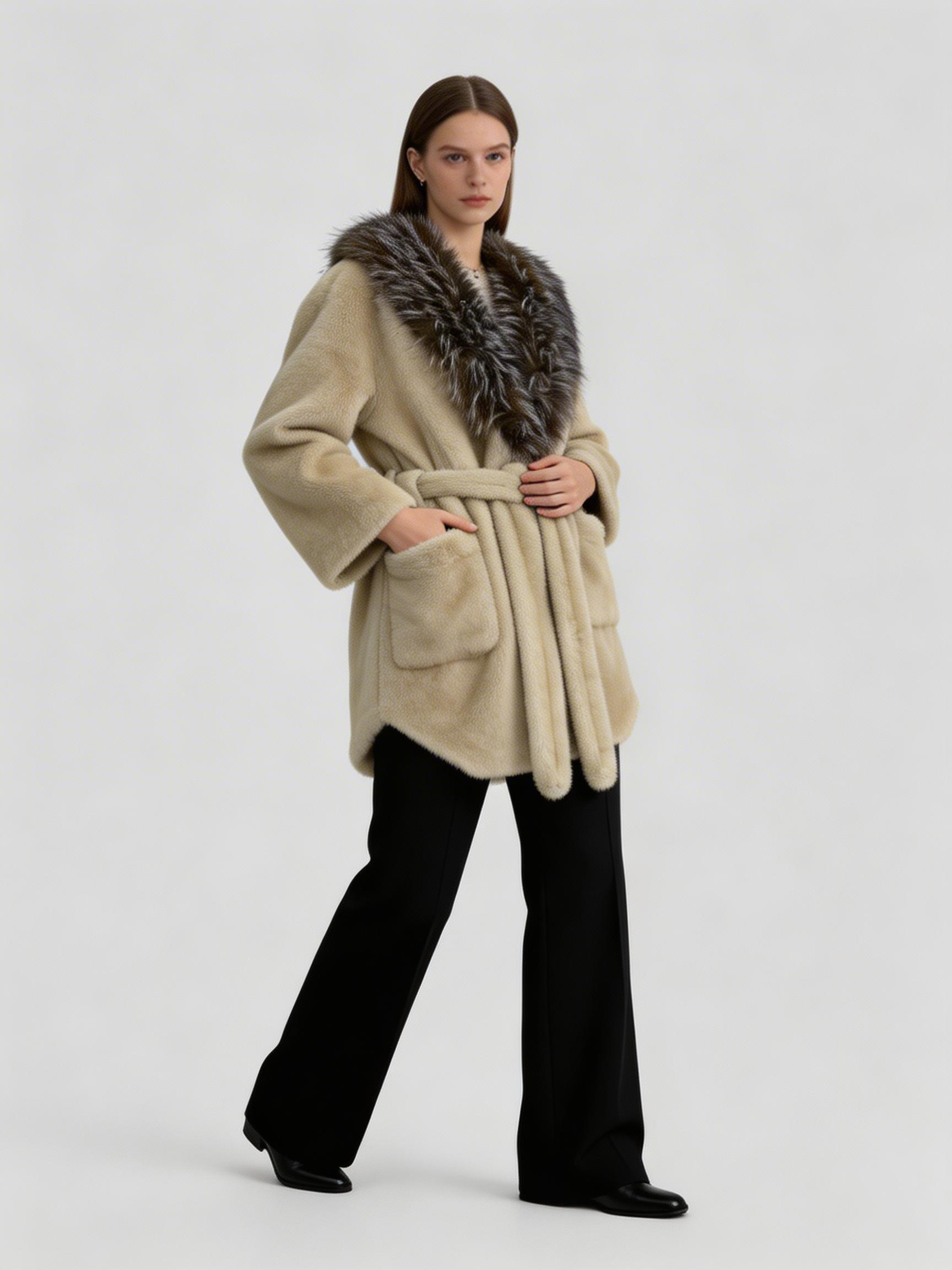 ODM&amp;OEM Fall/Winter Women's Loose Mid-Length Eco-friendly Fur Parka with Long Fur Collar and Belt Design