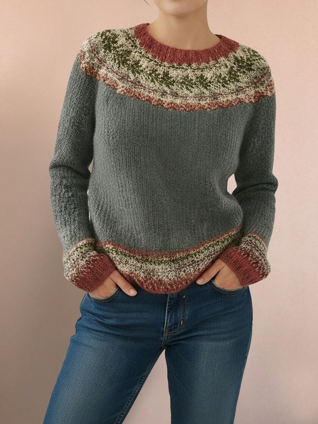 Quality Grey Nordic Knitted Sweater for Winter Holiday for Daily Outing Trendy Soft Warm Knitted Pullover Knitwear Top