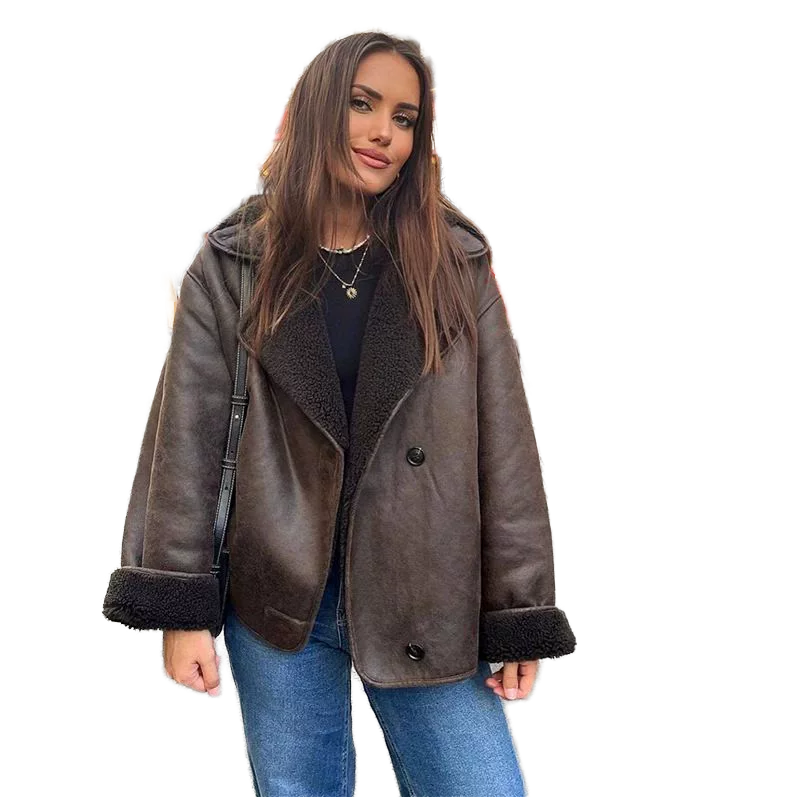 Women's Winter Brown Faux Shearling Sheepskin Bomber Jacket Suede Lamb Outwear Fur Trim Collar Printed Knitted Solid Pattern