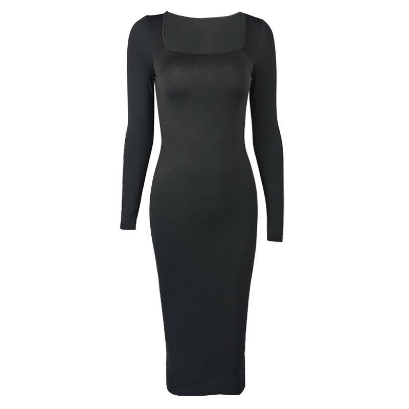 Autumn Winter New Women's Fashion Long Sleeve Dress Sexy Slim Square Collar Fleece Casual Cross-Border Women Dresses