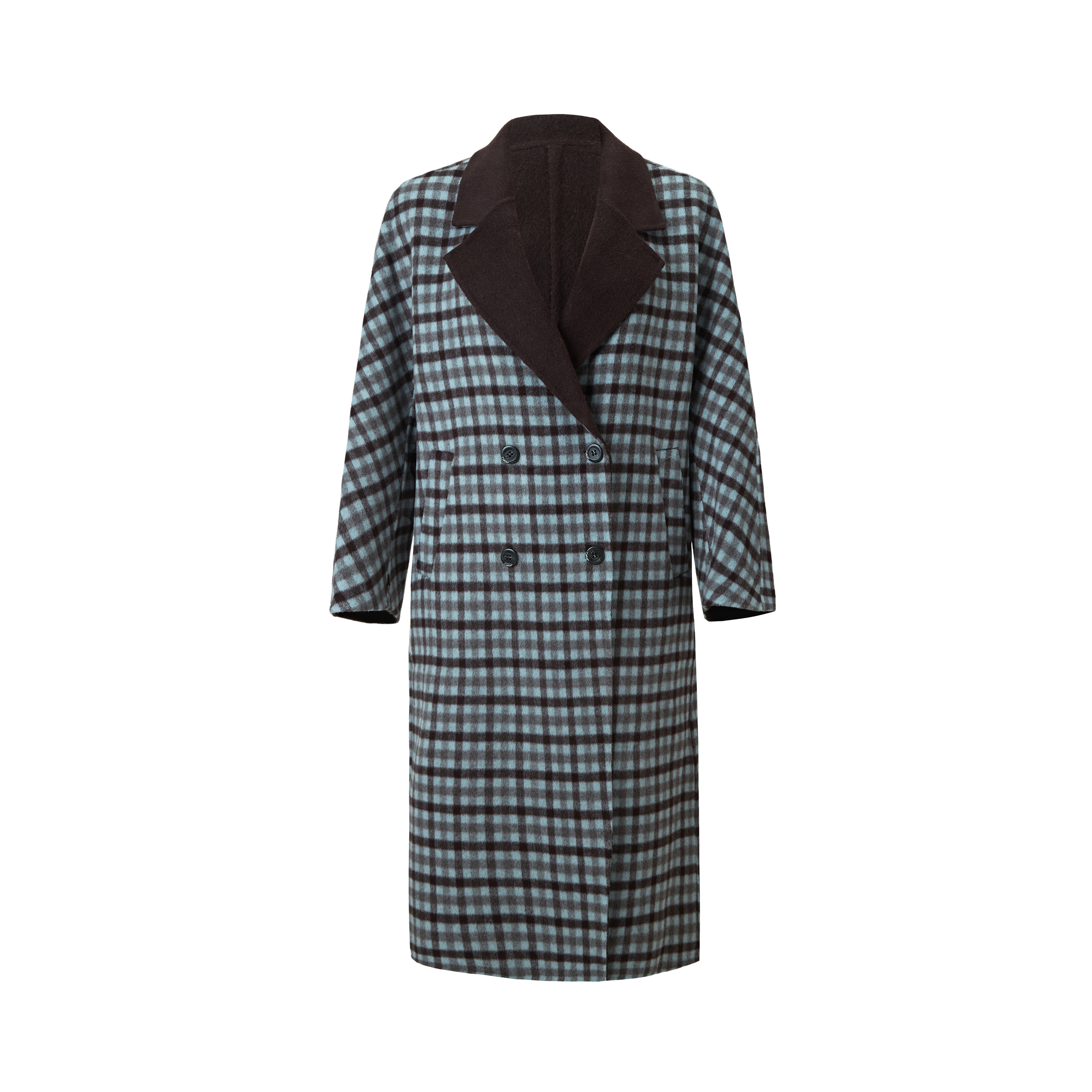 OEM&amp;ODM Women's Wool Cashmere Blend Blue Brown Plaid Overcoat Contrast Lapel Double-Breasted Full-Length Loose Winter Reversible