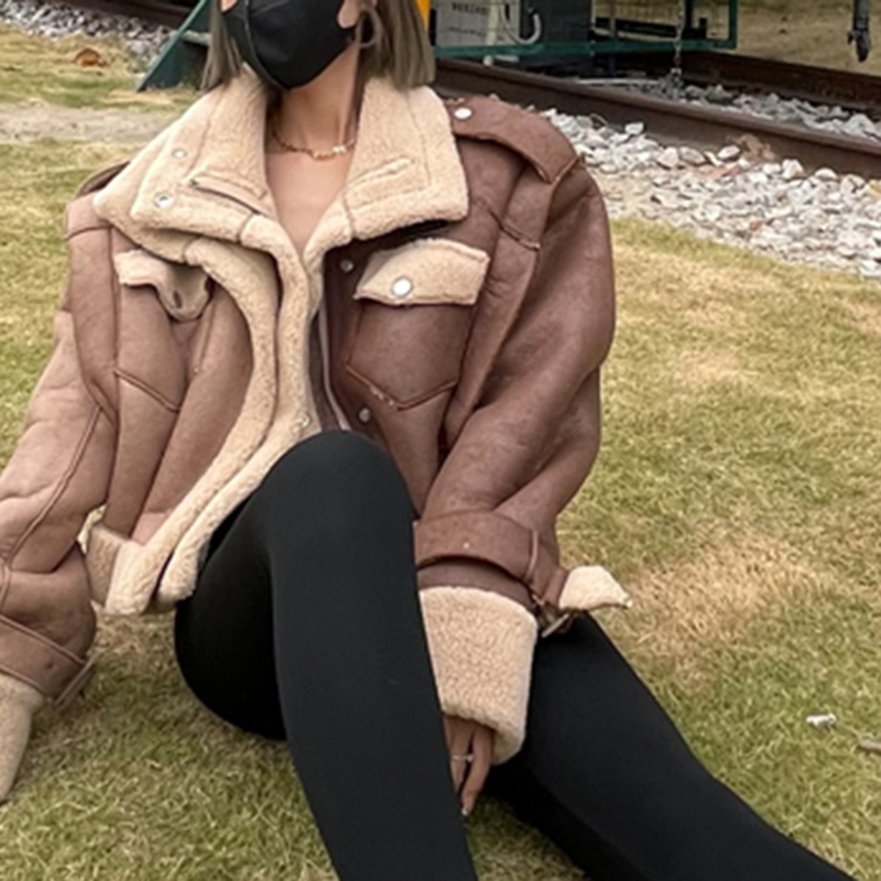Plus Size Vintage Lady Faux Leather Polar Fleece Fur Shearling Sherpa Oversized Women's Cropped Coat Motorcycle Biker Jacket