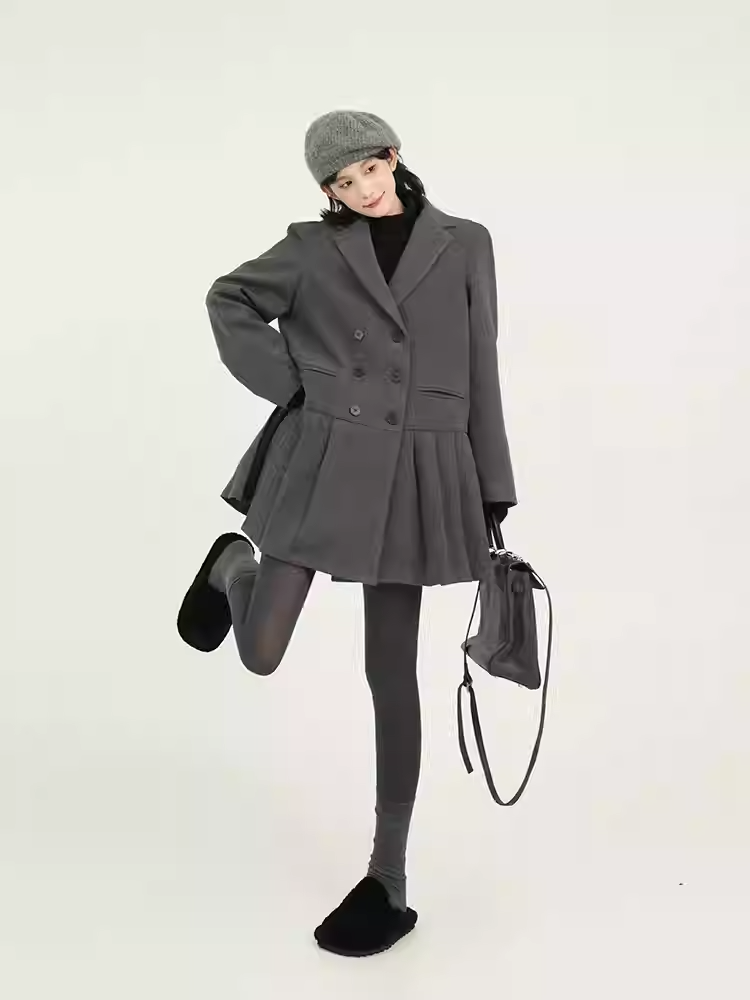 Grey Thickened Lapel Long-sleeved Suit Dress for Women, Autumn and Winter, Korean Design Sense, Loose Woolen Short Skirt