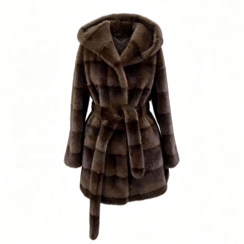 Zeyu Winter Ladies Hooded Faux Fur Mid-Length Woven Elegant Coat With Thick Fluffy Waist Belt ODM