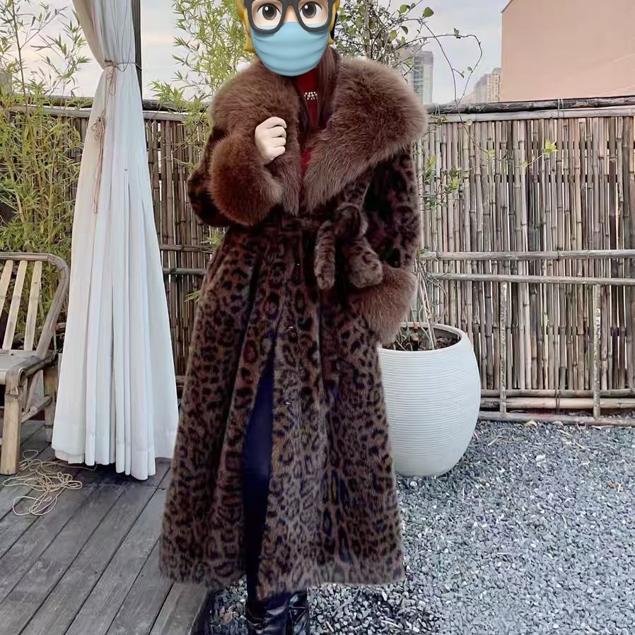 Ladies Over-knee Faux Mink Fur Coat, Shearling Integrated with Fox Fur Collar European Velvet Fur Outerwear