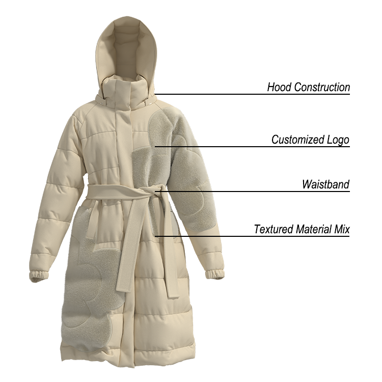Women's Hooded Long Winter Down Jacket 90/10 White Duck Down Filling Sorona Agile Fabric Belted Puffer Coat
