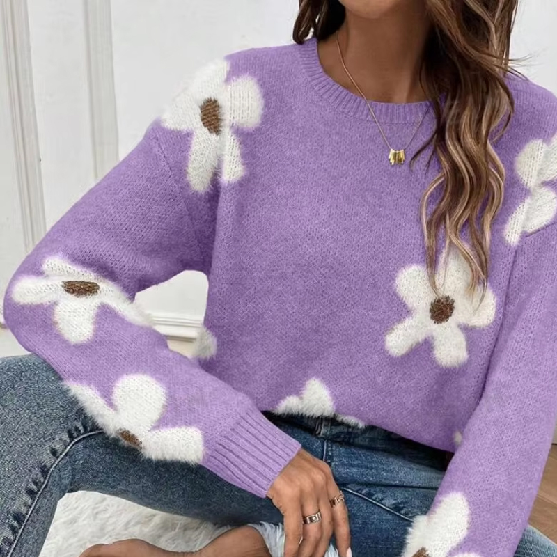 2024 Autumn Winter Elegant Flower Jacquard Knitted Pullover for Women with Front Logo Casual Style
