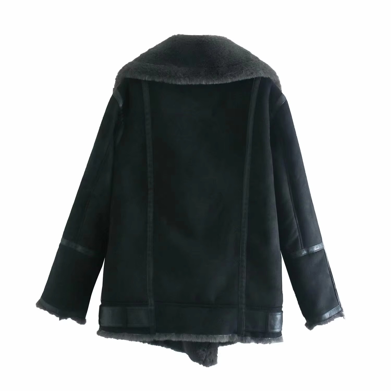Women's Winter Short-Length Zipper Closure Bomber Jacket Real Shearling Sheepskin Leather Woven PU Fur Decoration Faux Fur