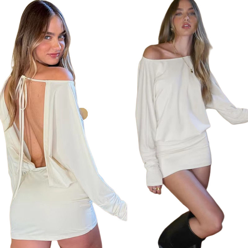 Women's Dress 2025 Fall Winter Ruffles Off-Shoulder Backless Straight Mini Knit Tie Detail Plus Size Club Mini Dress