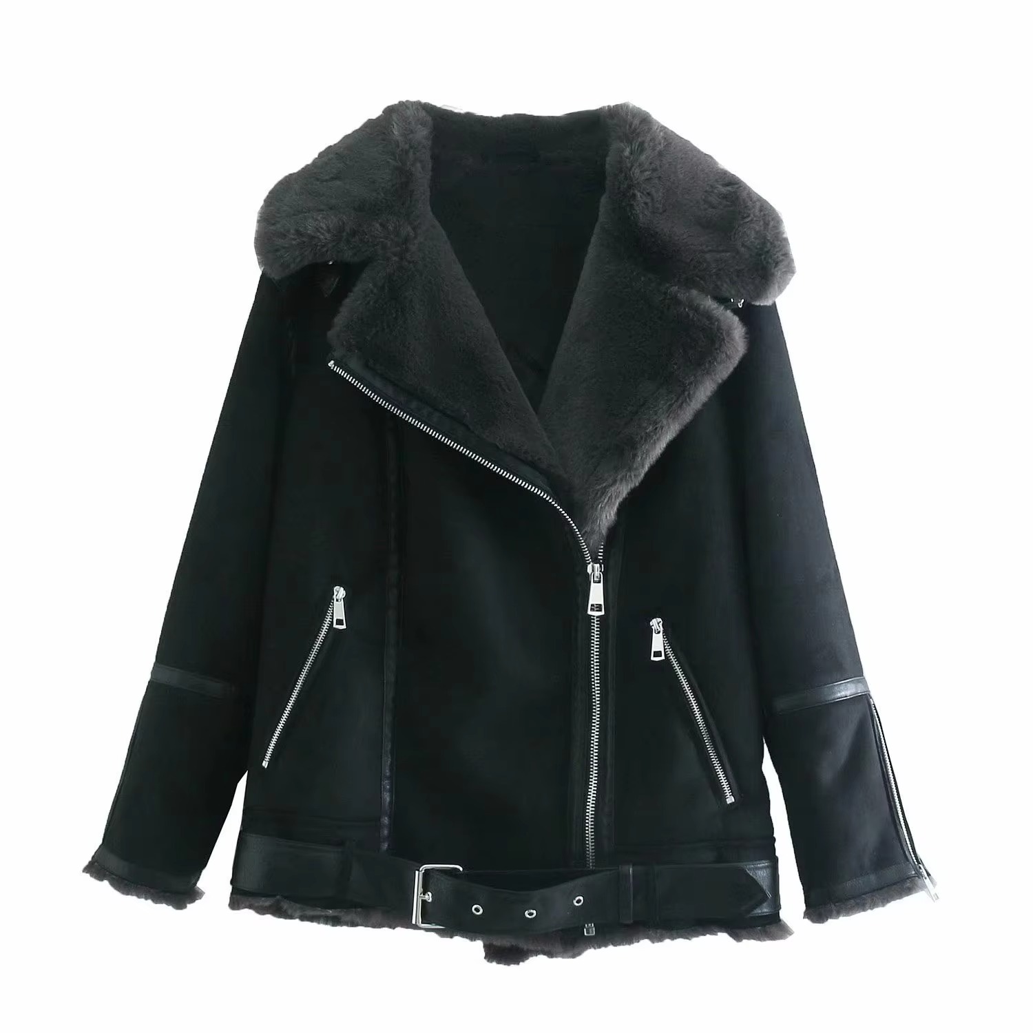 Women's Winter Short-Length Zipper Closure Bomber Jacket Real Shearling Sheepskin Leather Woven PU Fur Decoration Faux Fur