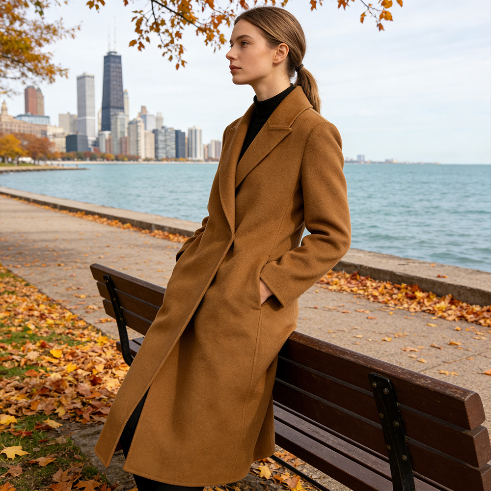 Women's Long Wool Cashmere Double Face Coat - 10% Cashmere 90% Wool, Camel Color Winter Warm Elegant Overcoat