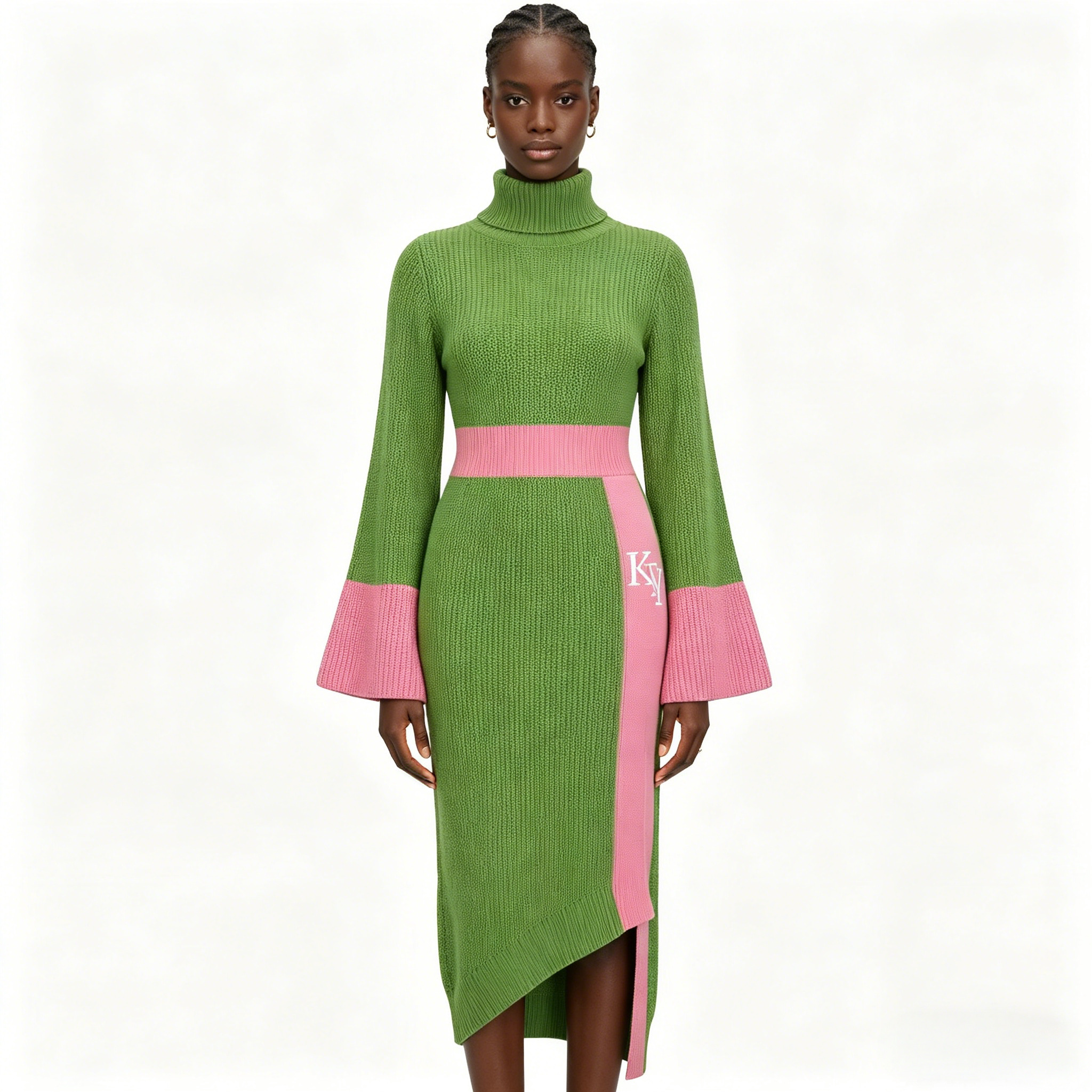 Winter Women's Knitwear High Neck Flare Sleeve Color Block Knit Dress Asymmetrical Hem Letter Embroidered Bodycon Sweater Dress