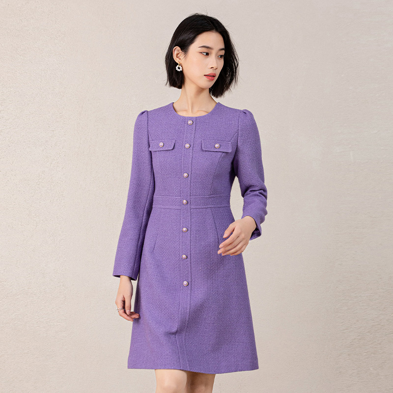 Women's Knee-Length Woolen Woven Natural Waist Button Detail Daily Office Lady Winter Long Sleeve Dress