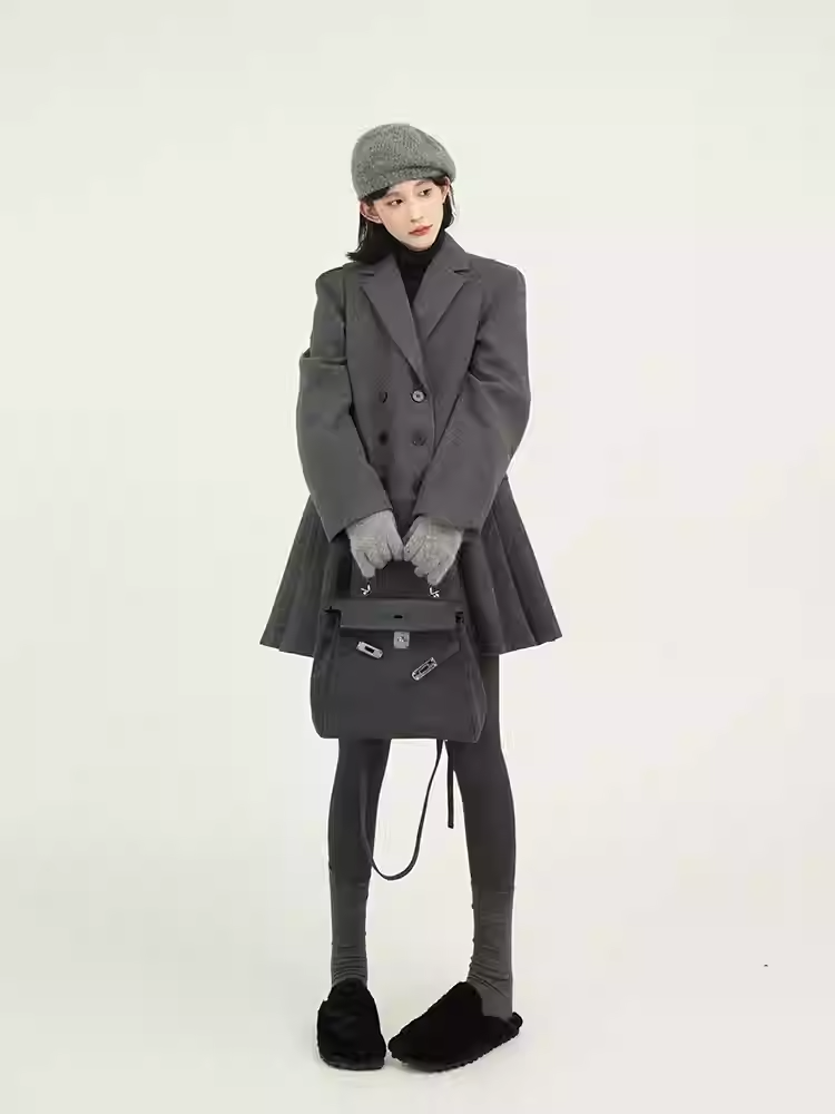Grey Thickened Lapel Long-sleeved Suit Dress for Women, Autumn and Winter, Korean Design Sense, Loose Woolen Short Skirt