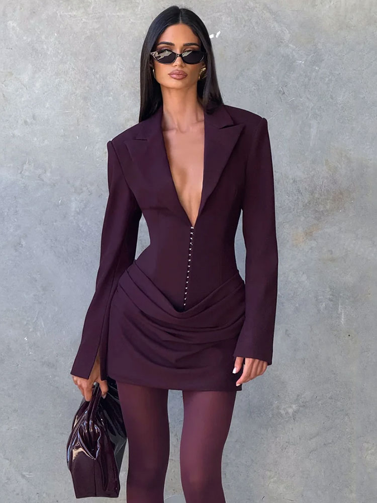 Double Layer Ruched Sexy Blazer Dresses With Scarf Women Autumn Winter Fashion Long Sleeve Club Party Mini Dress