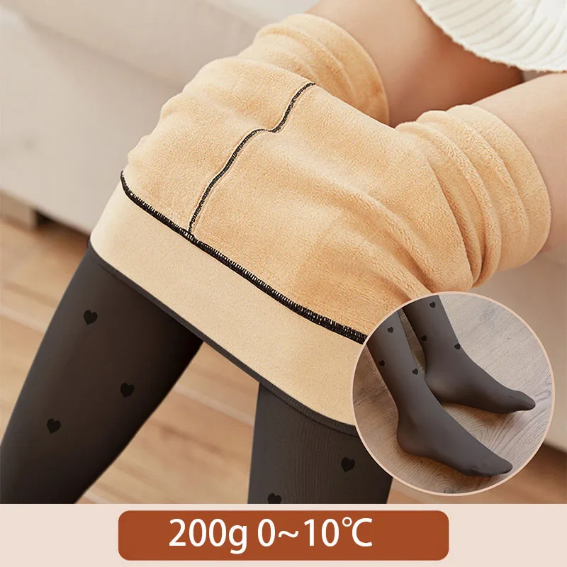 Women's Polka Dot Love Winter Warm Sexy Elastic Translucent Pantyhose Female Fleece Thermal High Waist Slim Tight Leggings